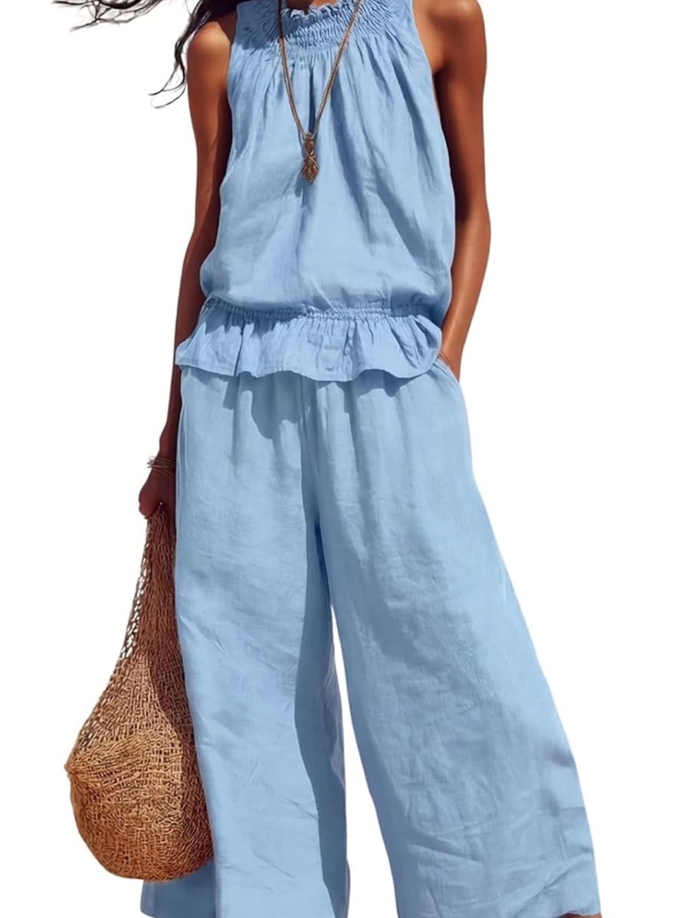 Smocked Halter Wide-Leg Jumpsuit in Olive Green